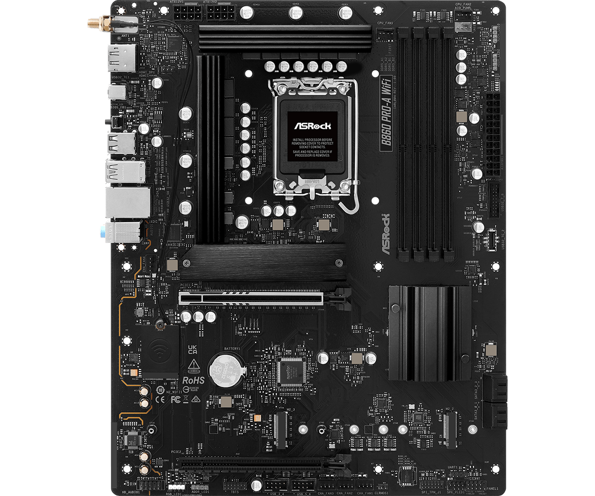 ASRock B860 PRO-A WIFI - Processor family Intel - Processor socket LGA1851 - DDR5 - Supported hard disk drive interfaces SATA, M.2 - Number of SATA connectors 4