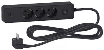 SCHNEIDER ELECTRIC UNICA SYSTEM+ EXTENSION CORD - 3M 3X SUKO + 2X USB - BLACK