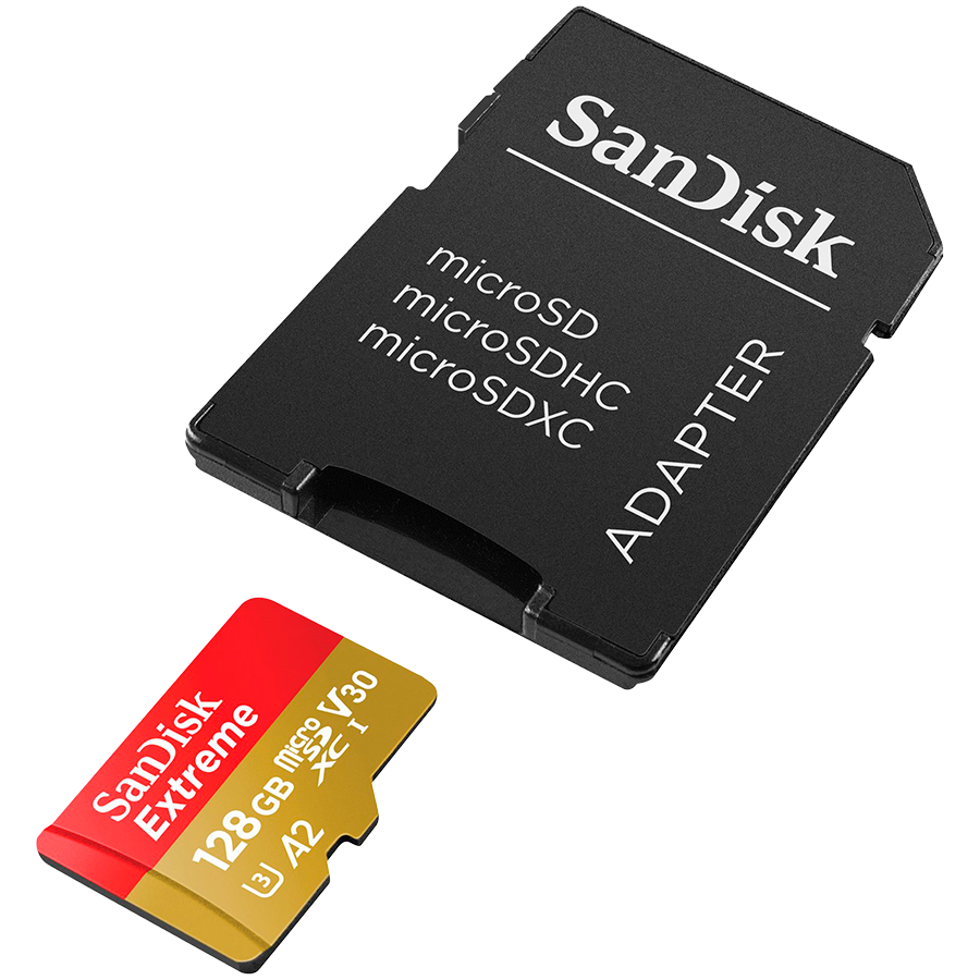 SANDISK Extreme microSDXC 128GB for Action Cams and Drones + SD Adapter + 1 year RescuePRO Deluxe up to 190MB/s & 90MB/s Read/Write speeds A2 C10 V30 UHS-I U3