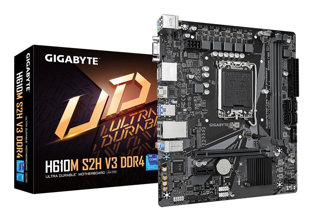 Mainboard|GIGABYTE|Intel H610|LGA1700|Micro-ATX|Memory DDR4|Memory slots 2|1xPCI-Express 3.0 1x|1xPCI-Express 4.0 16x|1xM.2|1x15pin D-sub|1xHDMI|2xDisplayPort|4xUSB 2.0|2xUSB 3.2|1xPS/2|1xRJ45|3xAudio port|H610MS2HV3DDR4