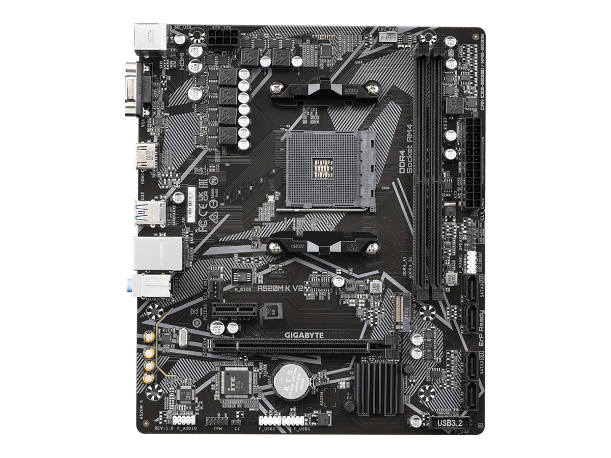 Gigabyte - A520M K V2 1.0 M/B - Processor family AMD - Processor socket AM4 - DDR4 DIMM - Memory slots 2 - Supported hard disk drive interfaces 	SATA, M.2 - Number of SATA connectors 4 - Chipset AMD A520 - Micro ATX