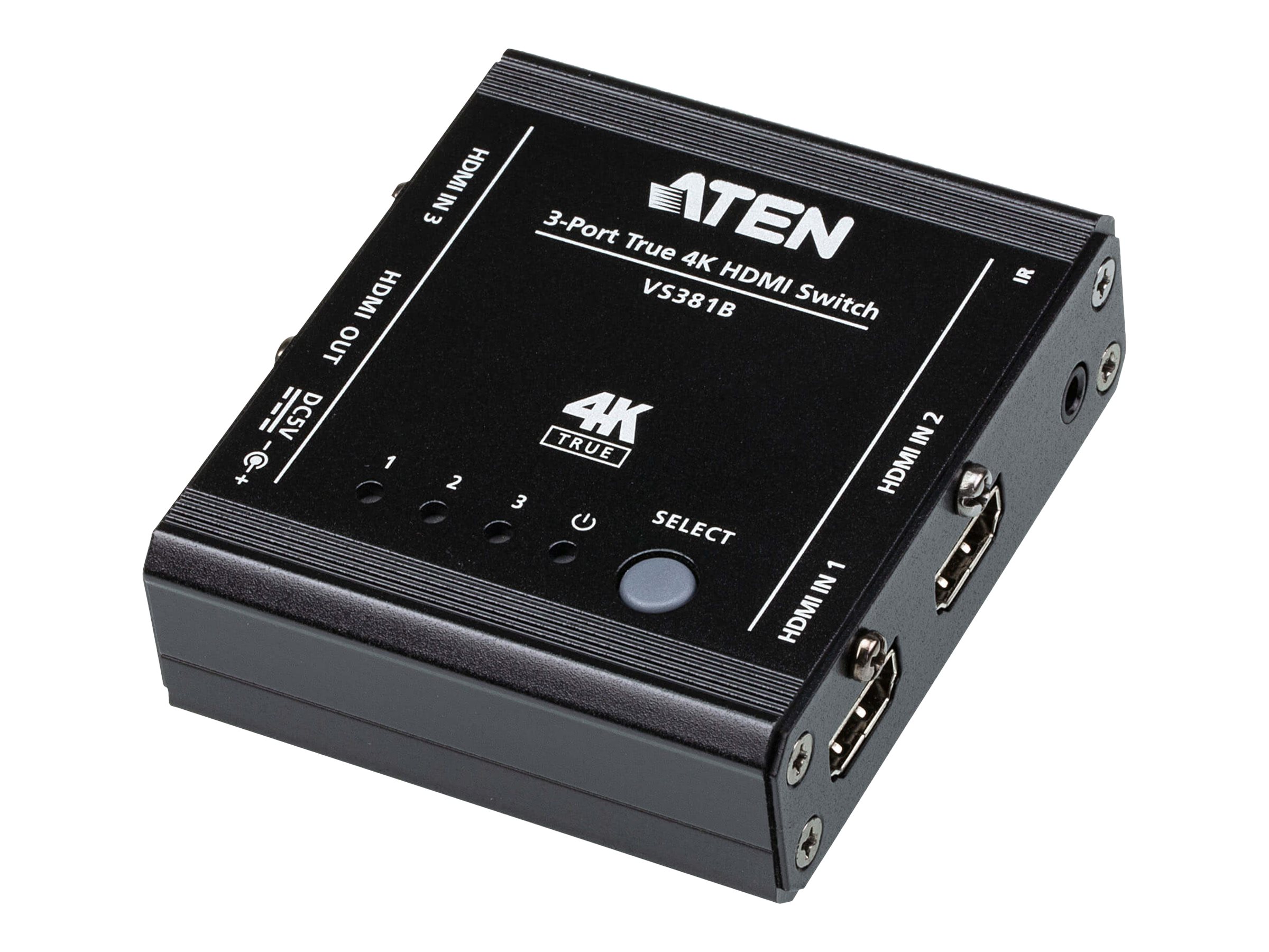 Aten - 3-Port True 4K HDMI Switch - VS381B - Input: 3 x HDMI Type A Female; Output: 1 x HDMI Type A Female