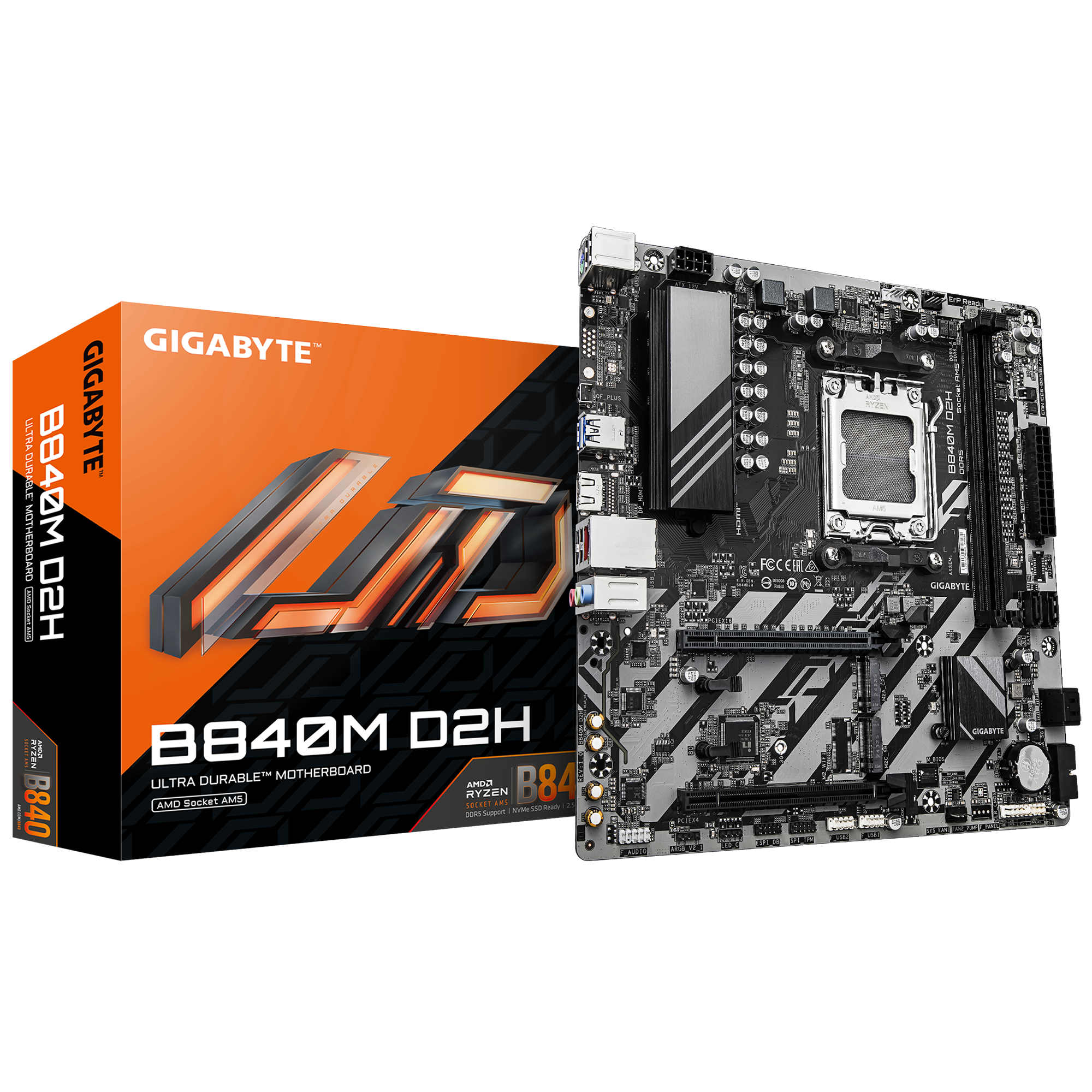 Gigabyte B840M D2H - Processor family AMD - Processor socket AM5 - DDR5 - Supported hard disk drive interfaces SATA, M.2 - Number of SATA connectors 4