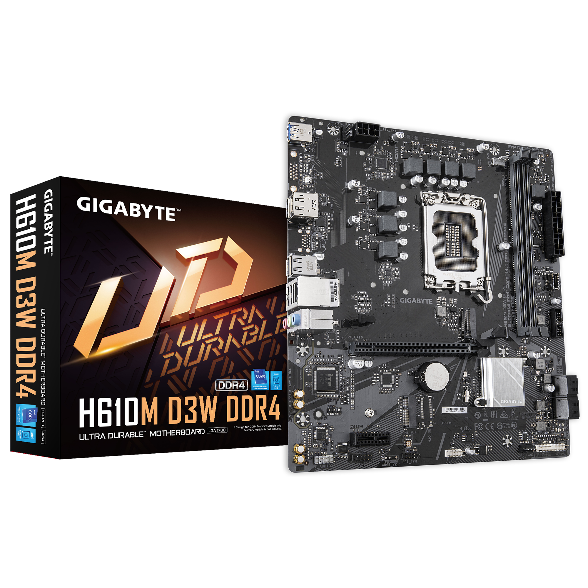 Gigabyte H610M D3W DDR4 - Processor family Intel - Processor socket LGA1700 - DDR4 - Supported hard disk drive interfaces M.2, SATA - Number of SATA connectors 4