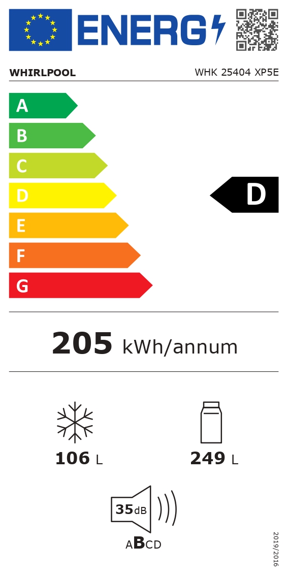 Whirlpool Refrigerator - WHK 25404 XP5E - Energy efficiency class D - Free standing - Combi - Height 203.5 cm - No Frost system - Fridge net capacity 249 L - Freezer net capacity 106 L - 35 dB - Silver