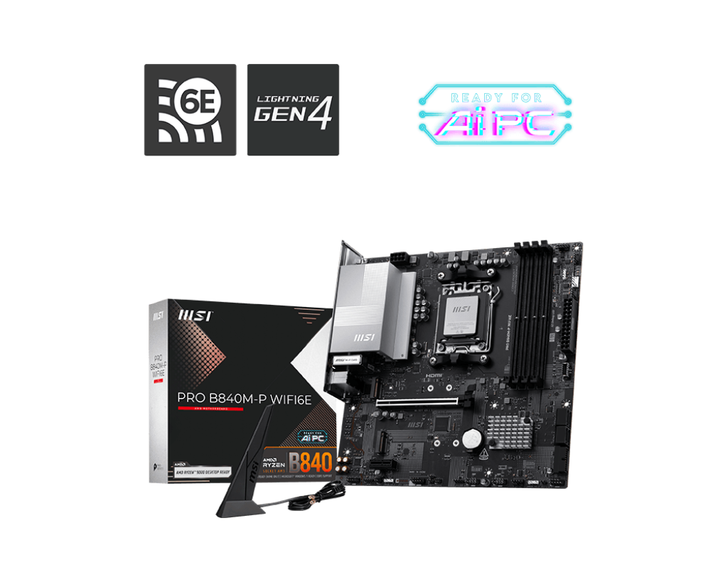 MSI PRO B840M-P WIFI6E - Processor family AMD - Processor socket AM5 - DDR5 - Supported hard disk drive interfaces SATA, M.2 - Number of SATA connectors 4