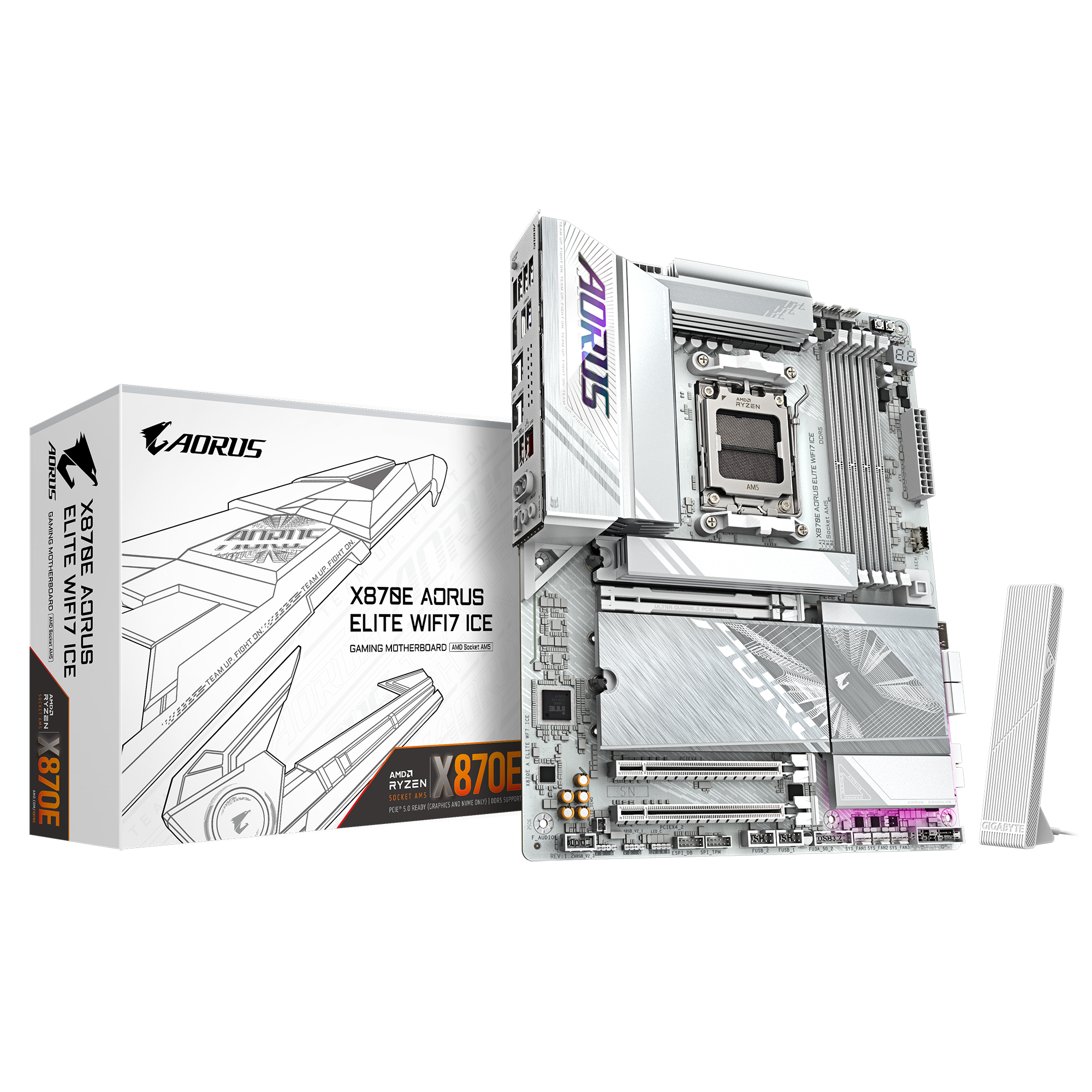 Gigabyte X870E AORUS ELITE WIFI7 ICE - Processor family AMD - Processor socket AM5 - DDR5 - Supported hard disk drive interfaces SATA, M.2 - Number of SATA connectors 4