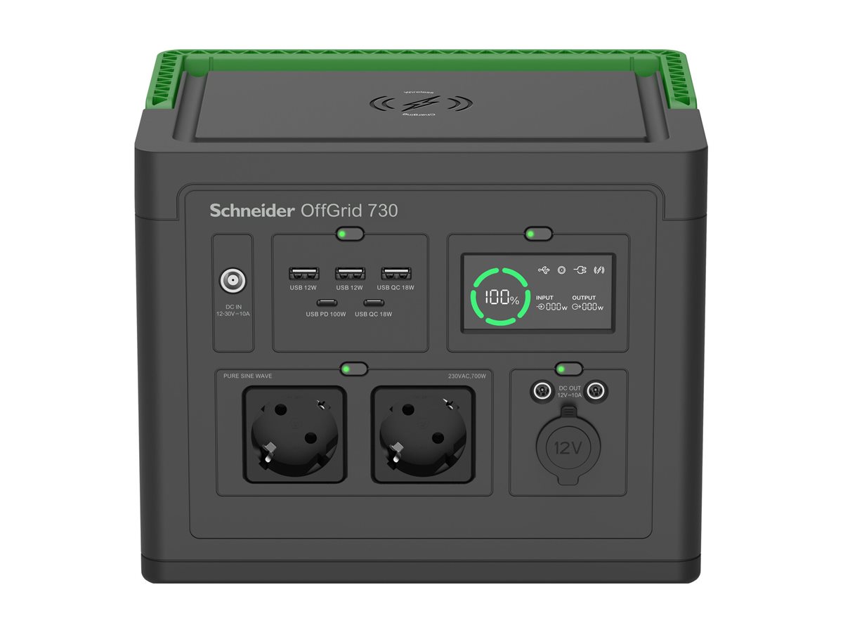 Schneider Electric OffGrid Portable Power Station 730, 738Wh Lithium-ion, LCD, 2 CEE 7/3 Schuko outlets, Sinewave, 3 USB-A, 2 USB-C, Wireless Charger - PPS730-GR