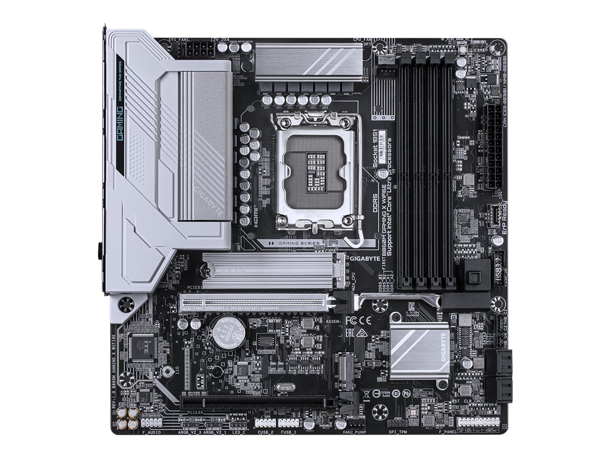 Gigabyte B860M GAMING X WIFI6E - Processor family Intel - Processor socket LGA1851 - DDR5 - Supported hard disk drive interfaces M.2, SATA - Number of SATA connectors 4
