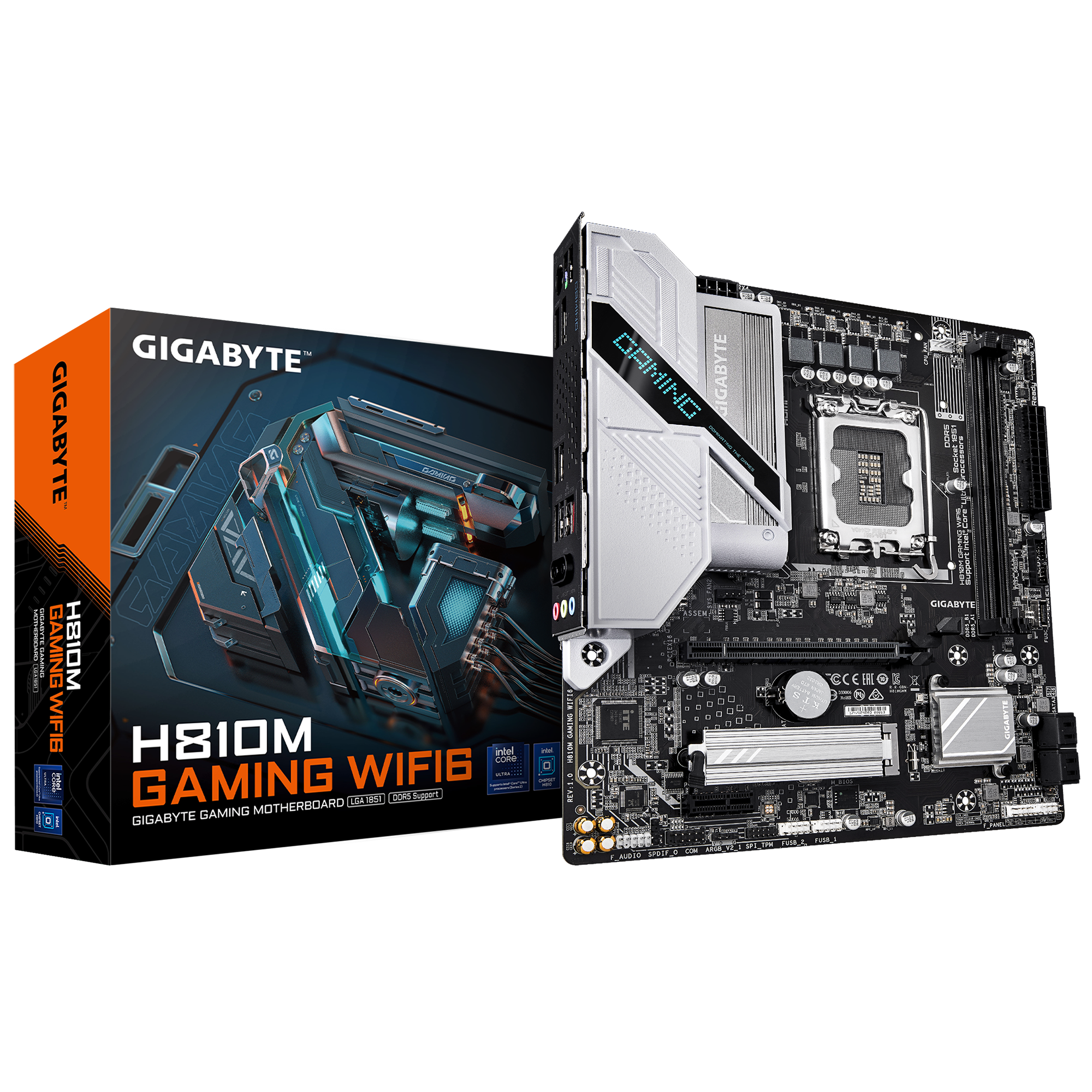 Gigabyte H810M GAMING WIFI6 - Processor family Intel - Processor socket LGA1851 - DDR5 - Supported hard disk drive interfaces M.2, SATA - Number of SATA connectors 4
