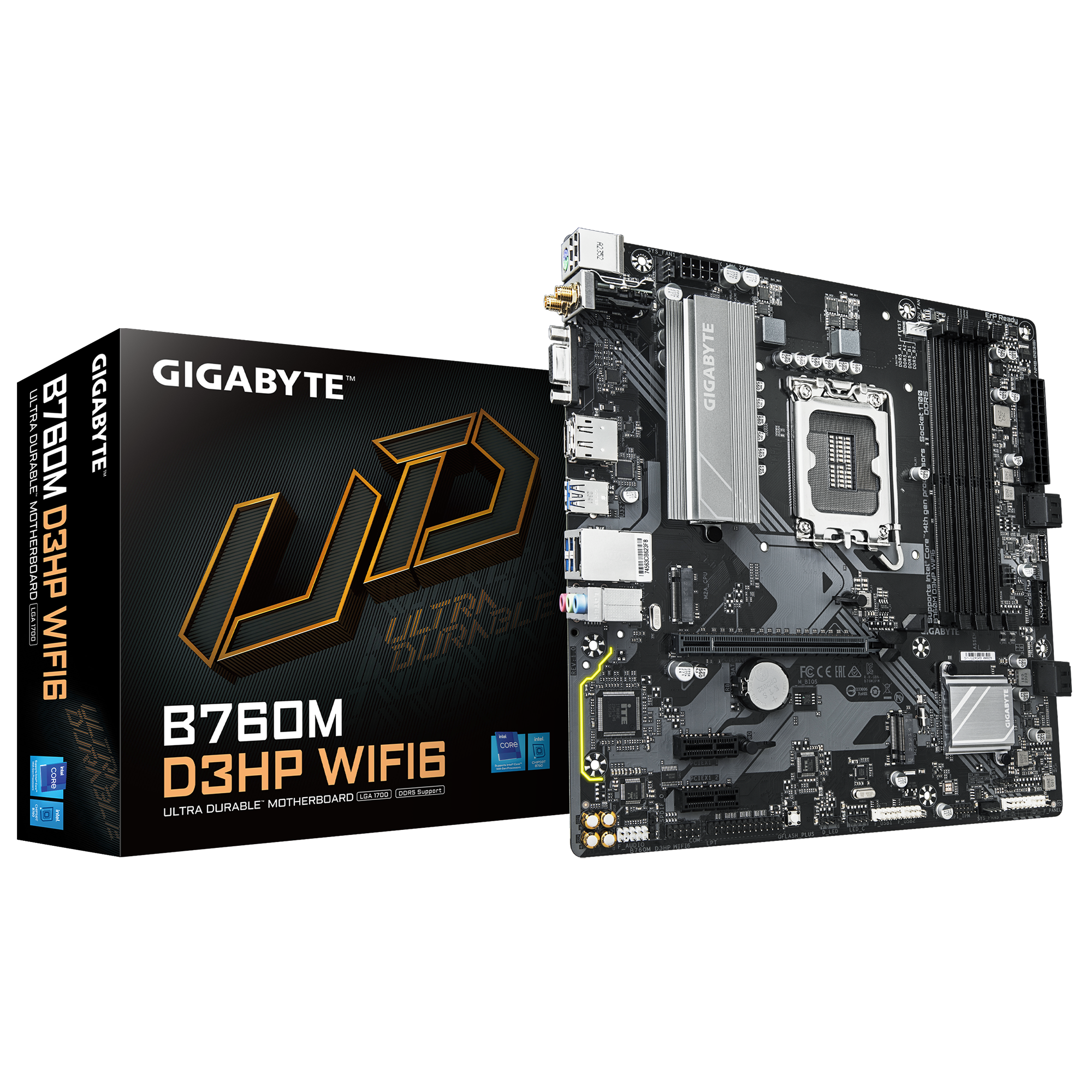 Gigabyte B760M D3HP WIFI6 - Processor family Intel - Processor socket LGA1700 - DDR5 - Supported hard disk drive interfaces M.2, SATA - Number of SATA connectors 4