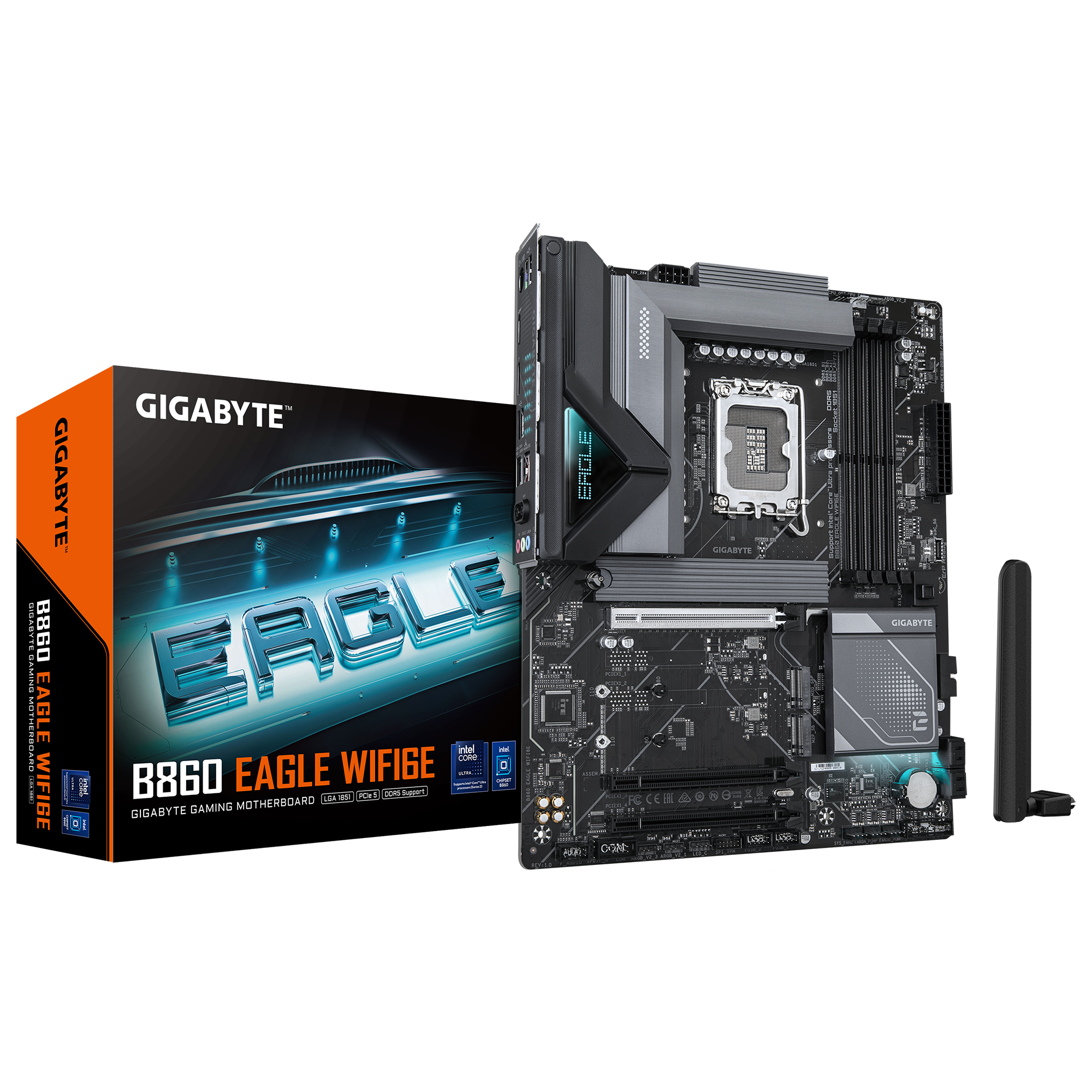 Gigabyte B860 EAGLE WIFI6E - Processor family Intel - Processor socket LGA1851 - DDR5 - Supported hard disk drive interfaces SATA, M.2 - Number of SATA connectors 4