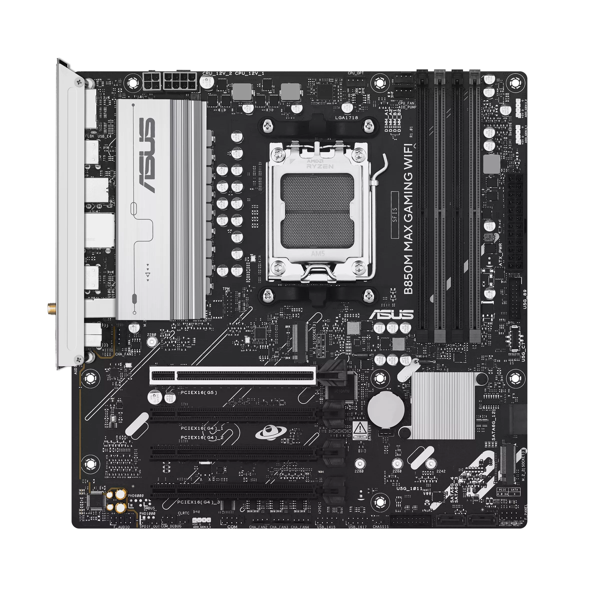 Asus B850M MAX GAMING WIFI - Processor family AMD - Processor socket AM5 - DDR5 - Supported hard disk drive interfaces SATA, M.2 - Number of SATA connectors 4