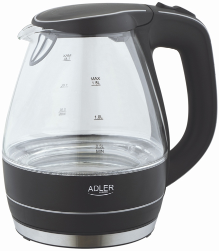 Adler - Kettle - AD 1224 - Standard - 2000 W - 1.5 L - Glass - 360° rotational base - Black