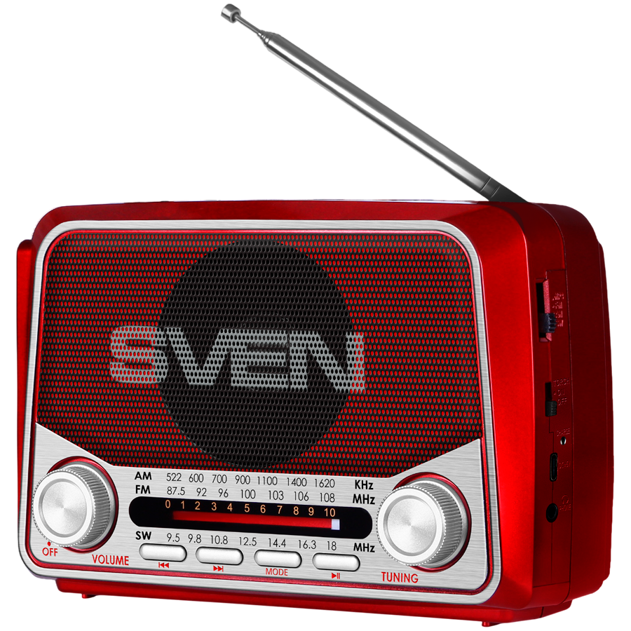 Speaker SVEN SRP-150, red (3W, Bluetooth, FM/AM/SW, USB, microSD, flashlight, battery)