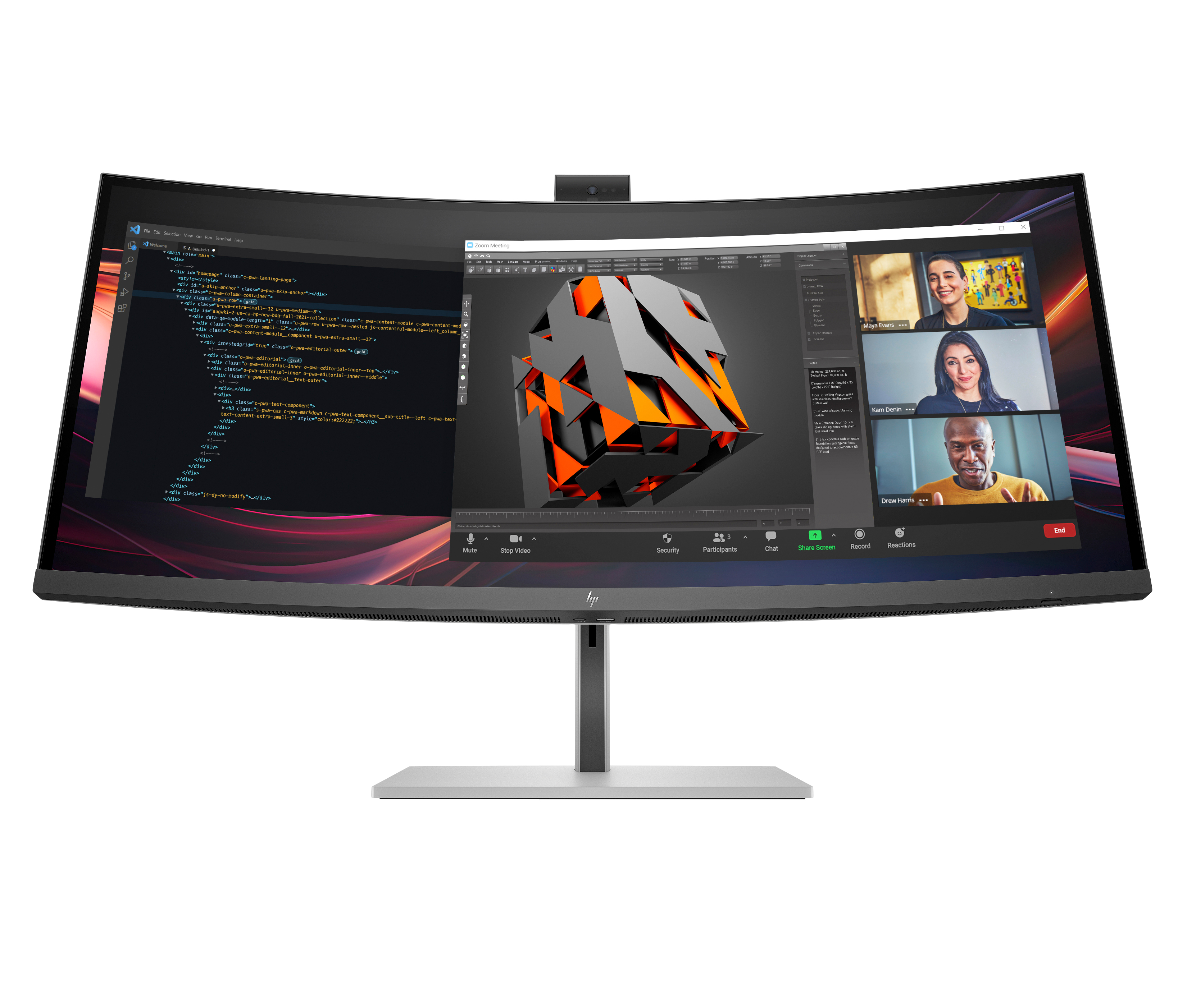 HP 734pm Series 7 Pro Curved Conferencing Monitor - 34" 3440x1440 WQHD 400-nit 120Hz AG, Curved, IPS HDR, USB-C(100W/65W/15W)/HDMI/DisplayPort Daisy-Chain, 5x USB-A, speakers, 5MP webcam, RJ-45 LAN, height adjustable/tilt/swivel, 3 years