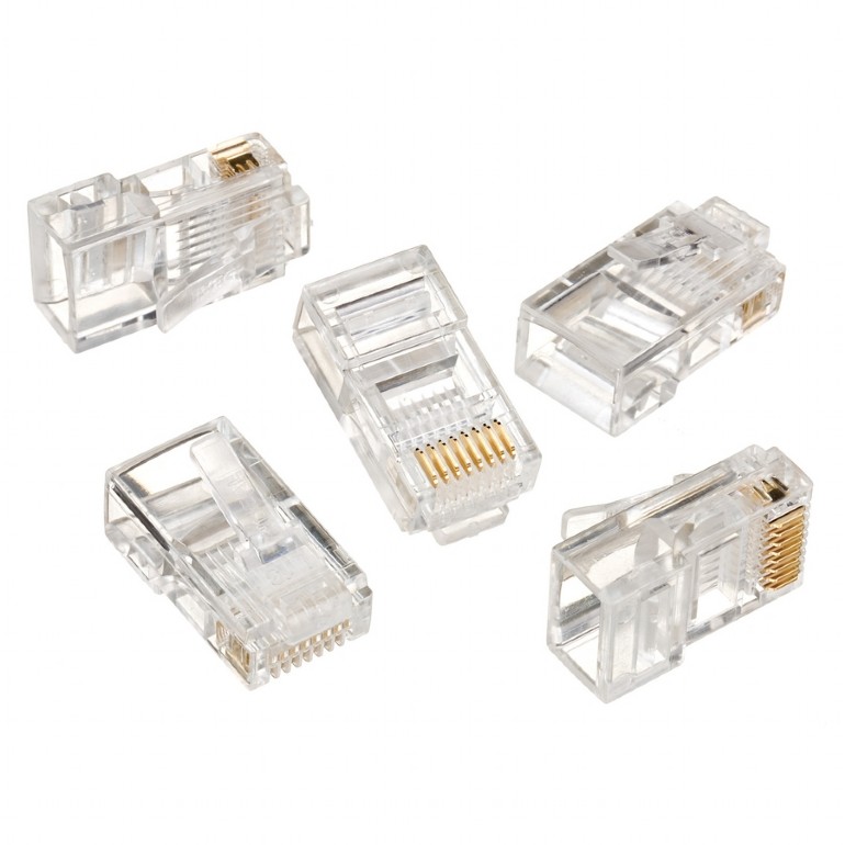 Modular plug 8P8C for solid LAN cable CAT5, UTP, 10 pcs. per bag - Modular 8P8C RJ45 plug, 30u” gold plated, 3-fork internal contacts for use with solid LAN cables
