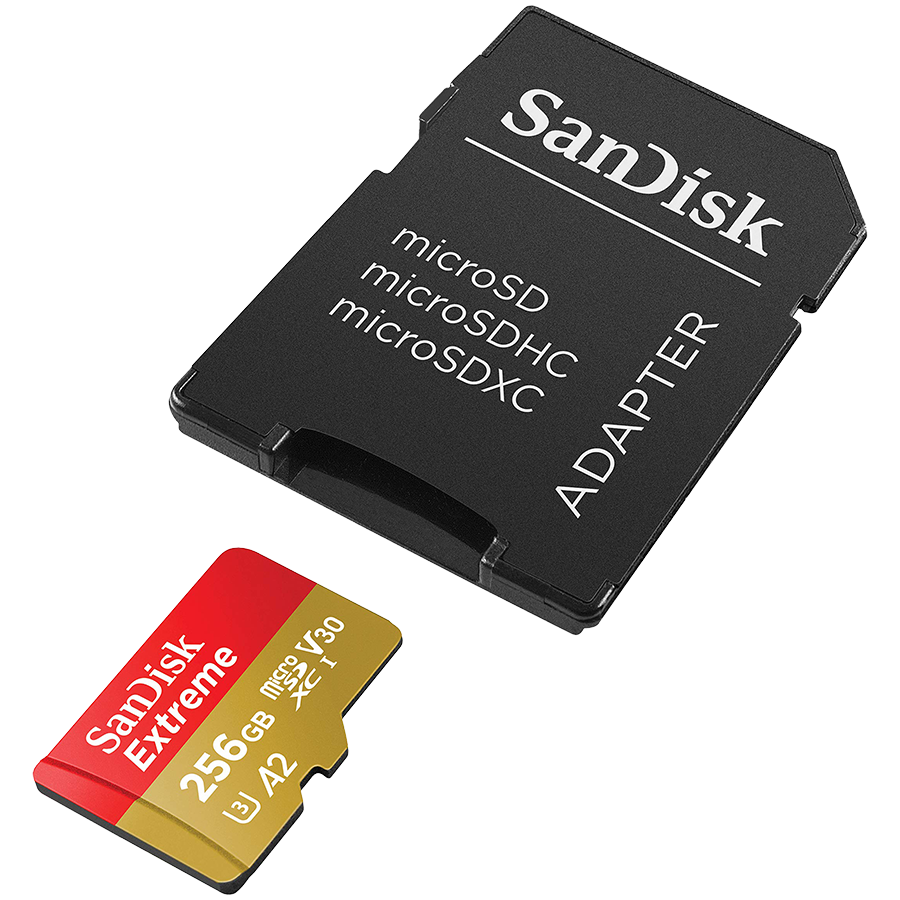 SANDISK Extreme microSDXC 256GB + SD Adapter + 1 year RescuePRO Deluxe up to 190MB/s & 130MB/s Read/Write speeds A2 C10 V30 UHS-I U3