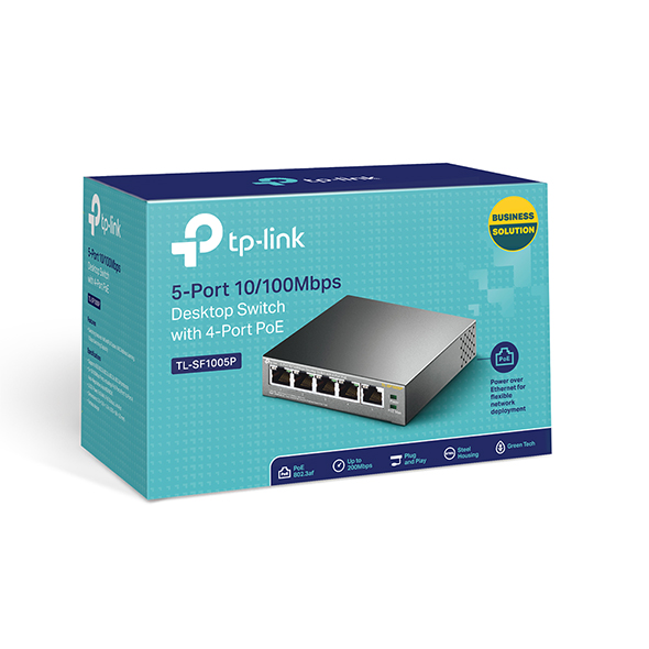 TP-LINK - Switch - TL-SF1005P - Unmanaged - Desktop - 10/100 Mbps (RJ-45) ports quantity 5 - Power over Ethernet (PoE) ports quantity 4 - Power supply type External - 36 month(s)