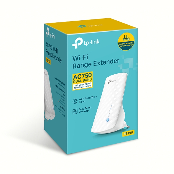 TP-LINK - Extender - RE190 - 802.11ac - 2.4GHz/5GHz - 300+433 Mbit/s - MU-MiMO No - no PoE - Antenna type 3 Omni-directional