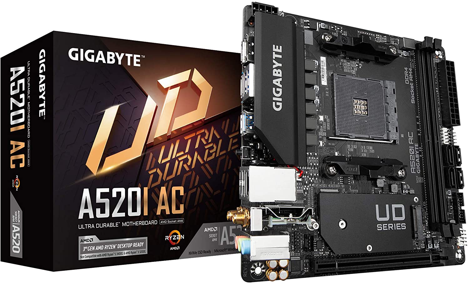 Gigabyte - A520I AC - Processor family AMD - Processor socket AM4 - DDR4 DIMM - Memory slots 2 - Number of SATA connectors 4 - Chipset AMD A - Mini ITX