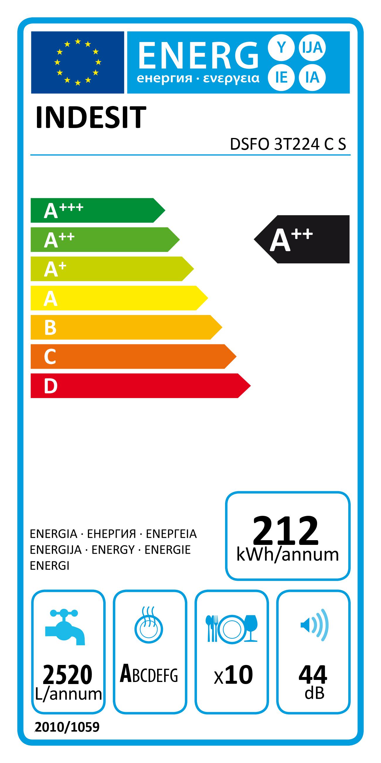 INDESIT Dishwasher - DSFO 3T224 C S - Free standing - Width 45 cm - Number of place settings 10 - Number of programs 9 - Energy efficiency class E - Display - Silver