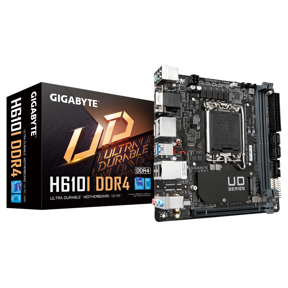 Gigabyte - H610I DDR4 1.0 M/B - Processor family Intel - Processor socket  LGA1700 - DDR4 DIMM - Memory slots 2 - Supported hard disk drive interfaces 	SATA, M.2 - Number of SATA connectors 4 - Chipset Intel H610 Express - Mini-ITX