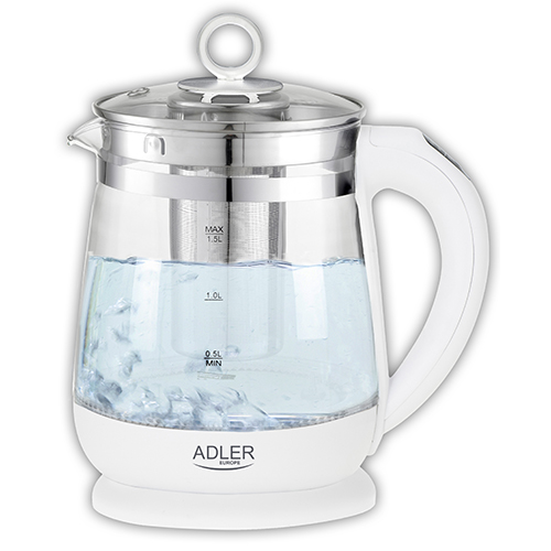 Adler - Kettle - AD 1299 - Electric - 2200 W - 1.5 L - Glass - 360° rotational base - White