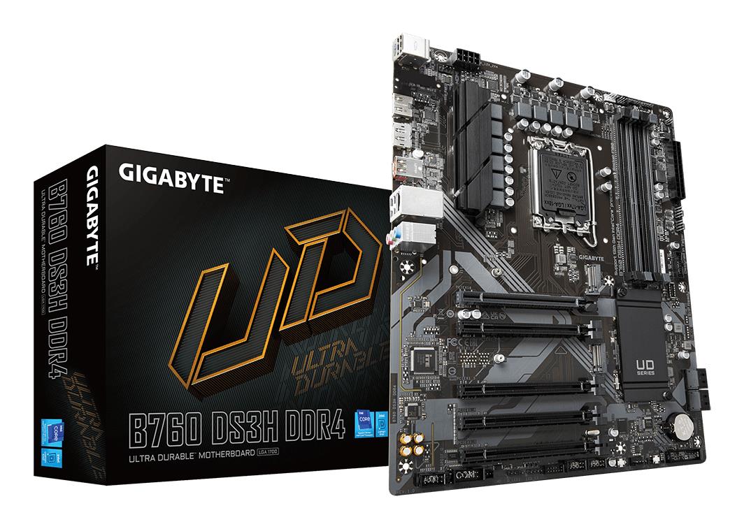 Mainboard|GIGABYTE|Intel B760 Express|LGA1700|ATX|Memory DDR4|Memory slots 4|4xPCI-Express 3.0 1x|1xPCI-Express 4.0 16x|2xM.2|1xHDMI|1xDisplayPort|4xUSB 2.0|1xUSB 3.2|1xUSB-C|1xPS/2|1xRJ45|3xAudio port|B760DS3HDDR4