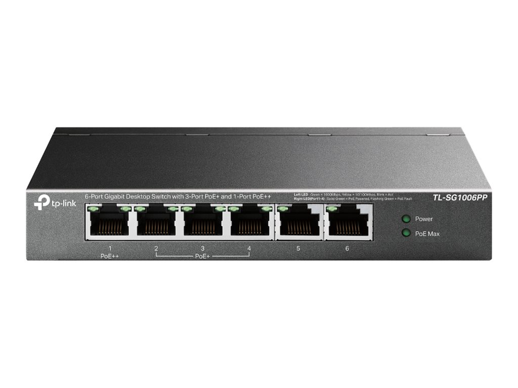 TP-LINK - 6-Port Gigabit Switch with 3-Port PoE+ and 1-Port PoE++ - TL-SG1006PP - Unmanaged - Desktop