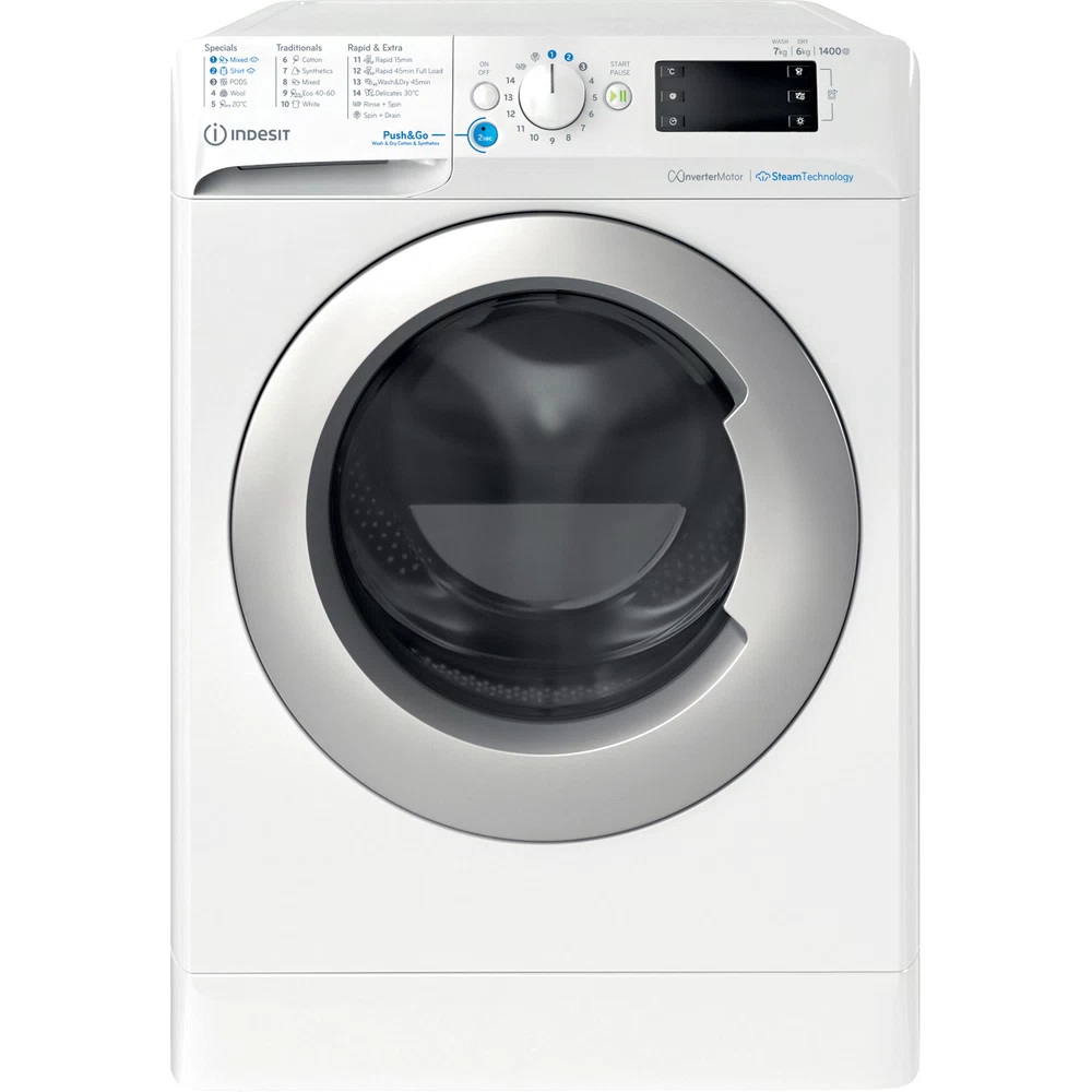 INDESIT - Washing machine with Dryer - BDE 76435 WSV EE - Energy efficiency class B/D - Front loading - Washing capacity 7 kg - 1351 RPM - Depth 54 cm - Width 60 cm - LCD - Drying system - Drying capacity 6 kg - Steam function - White