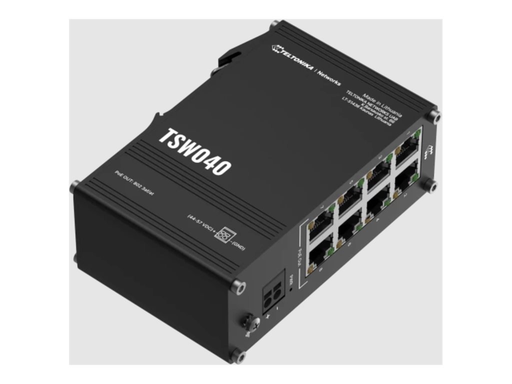 Teltonika Industrial Switch - TSW040 - Unmanaged - DIN rail mountable - 10/100 Mbps (RJ-45) ports quantity 8 - PoE+ ports quantity 8 - Power supply type 2-pin industrial DC power socket