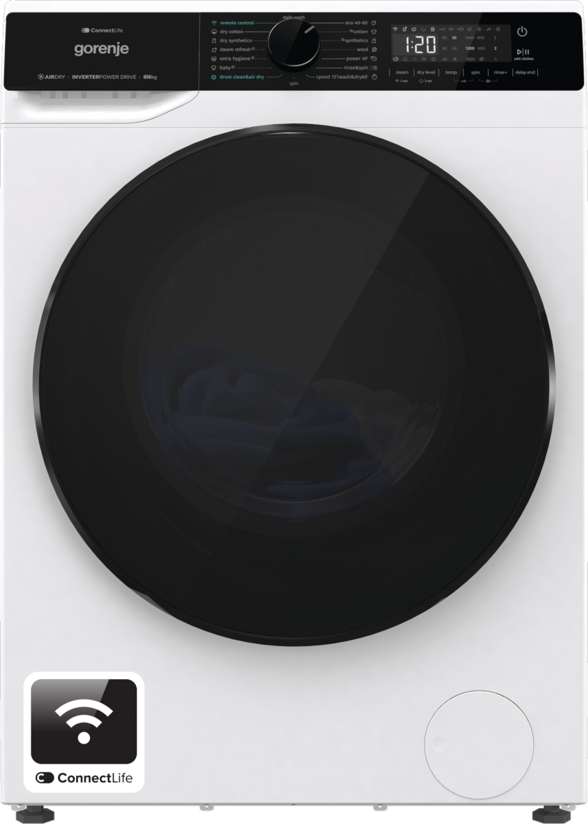 Gorenje Washing Machine with Dryer - WD2PA964ADW - Energy efficiency class A/D - Front loading - Washing capacity 9 kg - 1400 RPM - Depth 55 cm - Width 60 cm - Display - LED - Drying system - Drying capacity 6 kg - Steam function - Wi-Fi - White