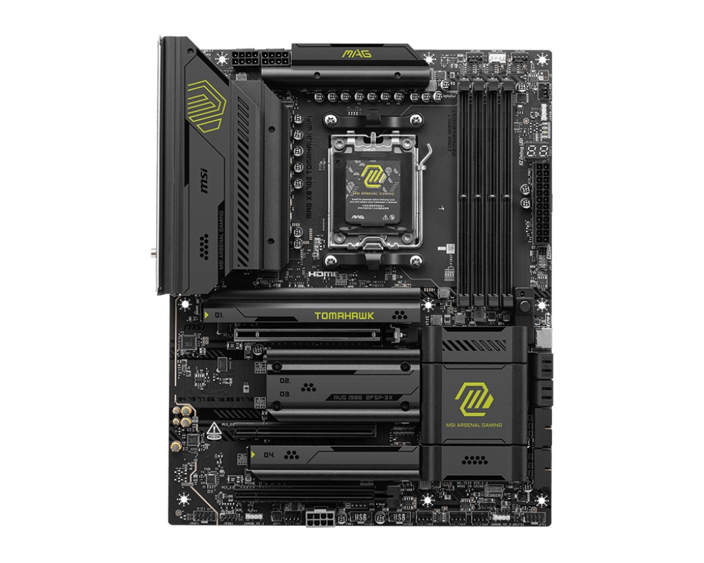 MSI MAG X870E TOMAHAWK WIFI - Processor family AMD - Processor socket AM5 - DDR5 - Supported hard disk drive interfaces SATA, M.2 - Number of SATA connectors 4