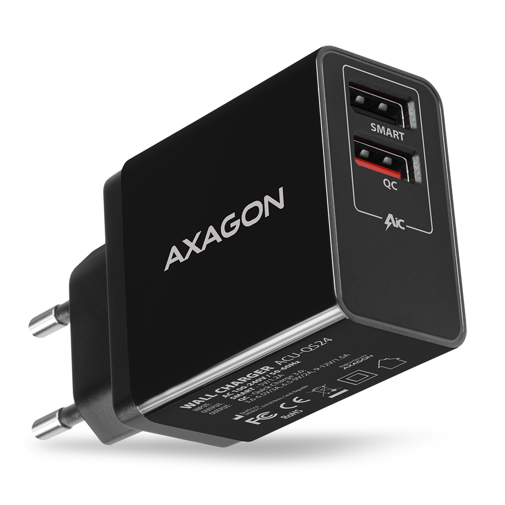 AXAGON Dual wallcharger 240V/2x USB port QC3.0/AFC/FCP and 5V-1.2A, 24W - ACU-QS24
