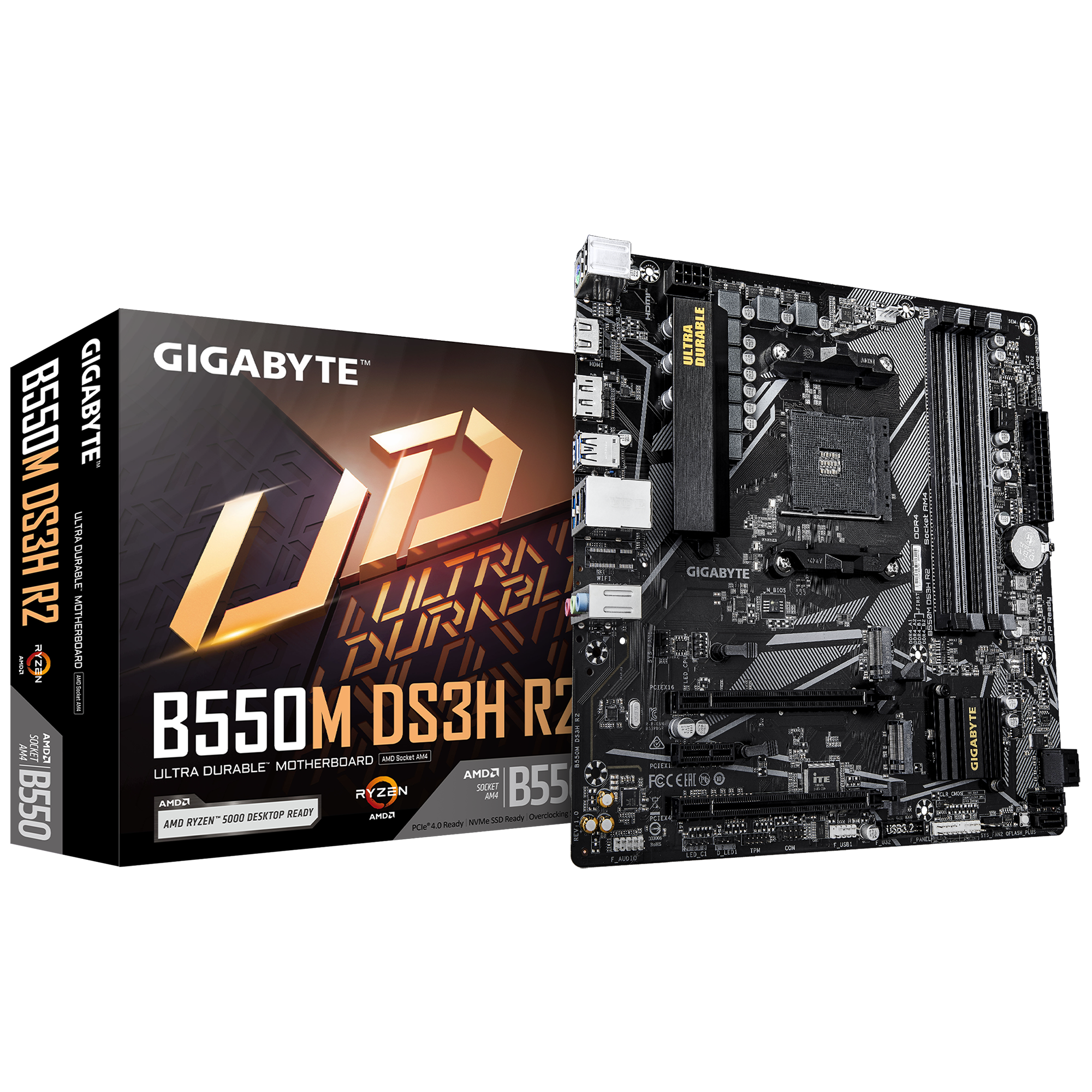 Gigabyte B550M DS3H R2 - Processor family AMD - Processor socket AM4 - DDR4 DIMM - Supported hard disk drive interfaces SATA, M.2 - Number of SATA connectors 4