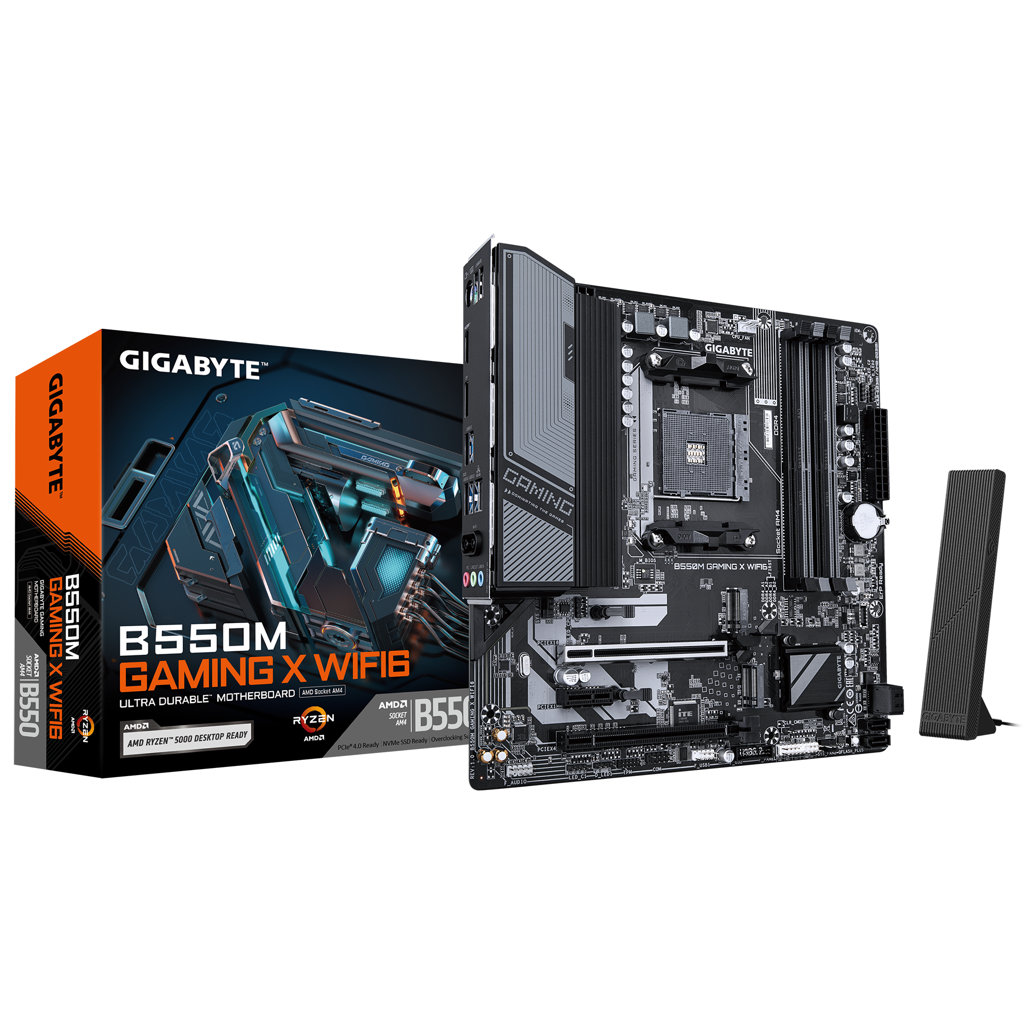 Gigabyte B550M GAMING X WIFI6 - Processor family AMD - Processor socket AM4 - DDR4 DIMM - Supported hard disk drive interfaces SATA, M.2 - Number of SATA connectors 4