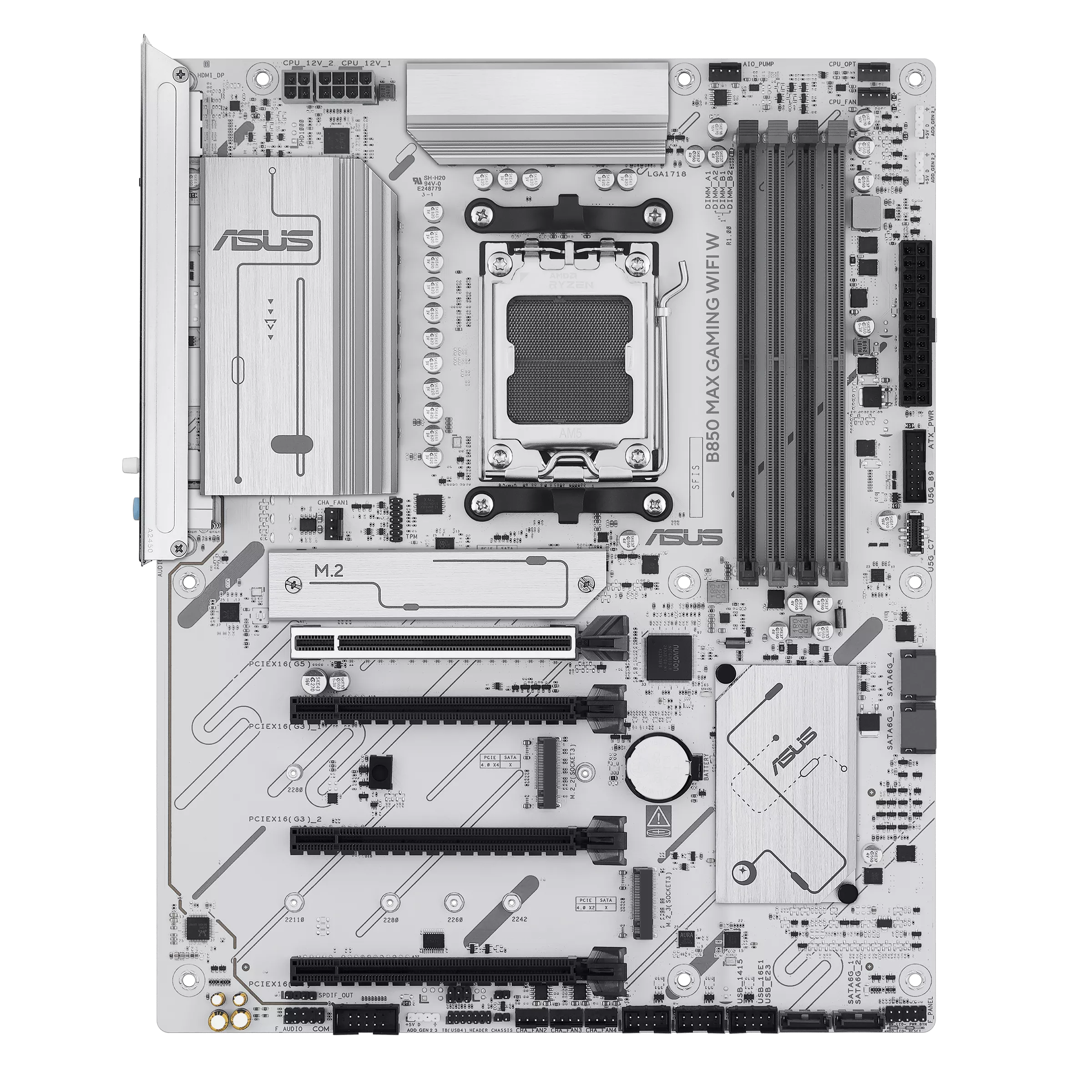 Asus B850 MAX GAMING WIFI W - Processor family AMD - Processor socket AM5 - DDR5 - Supported hard disk drive interfaces SATA, M.2 - Number of SATA connectors 4