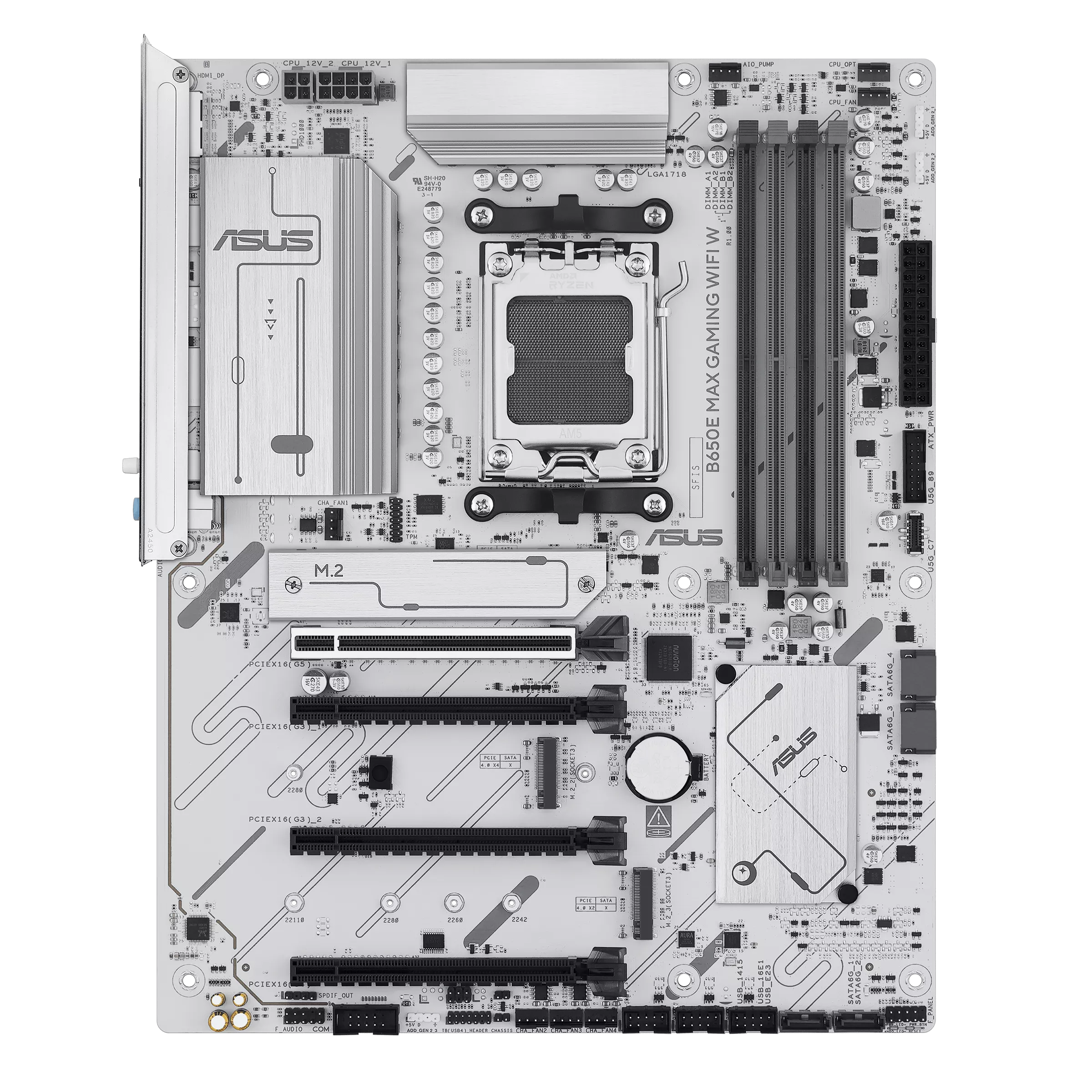 Asus B650E MAX GAMING WIFI W - Processor family AMD - Processor socket AM5 - DDR5 - Supported hard disk drive interfaces SATA, M.2 - Number of SATA connectors 4