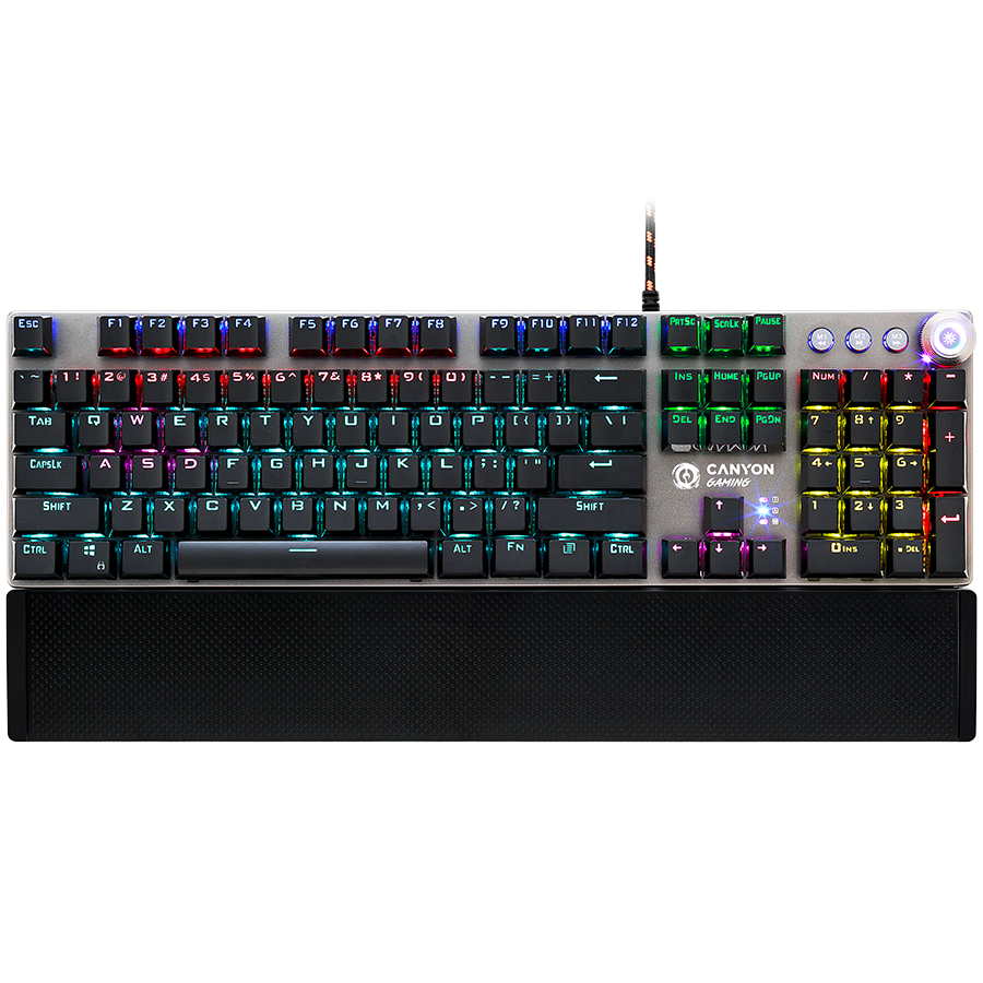 CANYON Nightfall GK-7, Wired Gaming Keyboard,Black 104 mechanical switches,60 million times key life, 22 types of lights,Removable magnetic wrist rest,4 Multifunctional control knob,Trigger actuation 1.5mm,1.6m Braided cable,US layout,dark grey, size:435*