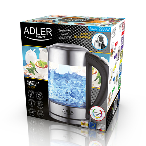 Adler - Kettle - AD 1247 - With electronic control - 1850 W - 1.7 L - Stainless steel/Glass - 360° rotational base - Stainless steel/Transparent