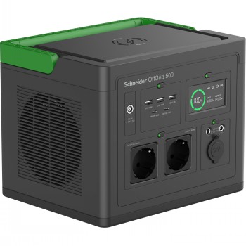 Schneider OffGrid Portable Power Station 500, 230V, 517Wh Lithium-ion, LCD, 2 CEE 7/3 Schuko outlets, Sinewave, 3 USB-A, 2 USB-C, Wireless Charger
