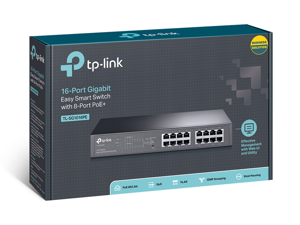 TP-LINK - Switch - TL-SG1016PE - Web Managed - Desktop/Rackmountable - Gigabit Ethernet (copper) ports quantity 16 - PoE+ ports quantity 8 - 36 month(s)