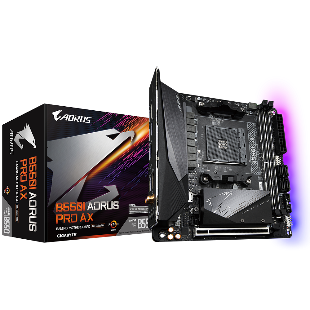 Gigabyte - B550I AORUS PRO AX 1.0 - Processor family AMD - Processor socket AM4 - DDR4 DIMM - Memory slots 2 - Chipset AMD B - Mini ITX