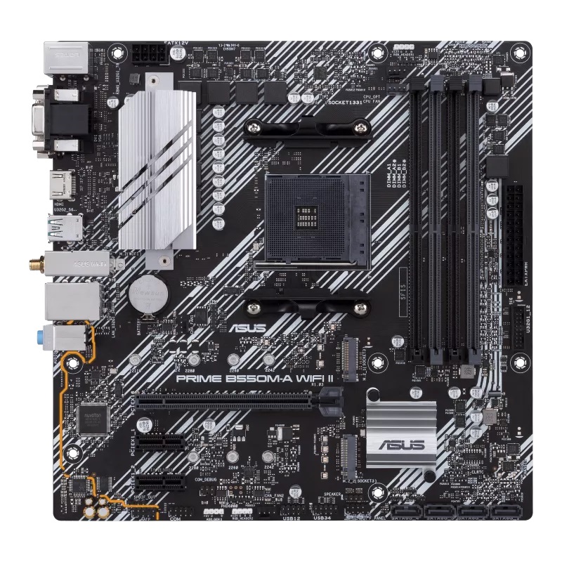 Asus - PRIME B550M-A WIFI II - Processor family AMD - Processor socket AM4 - DDR4 DIMM - Memory slots 4 - Supported hard disk drive interfaces 	SATA, M.2 - Number of SATA connectors 4 - Chipset AMD B550 - microATX
