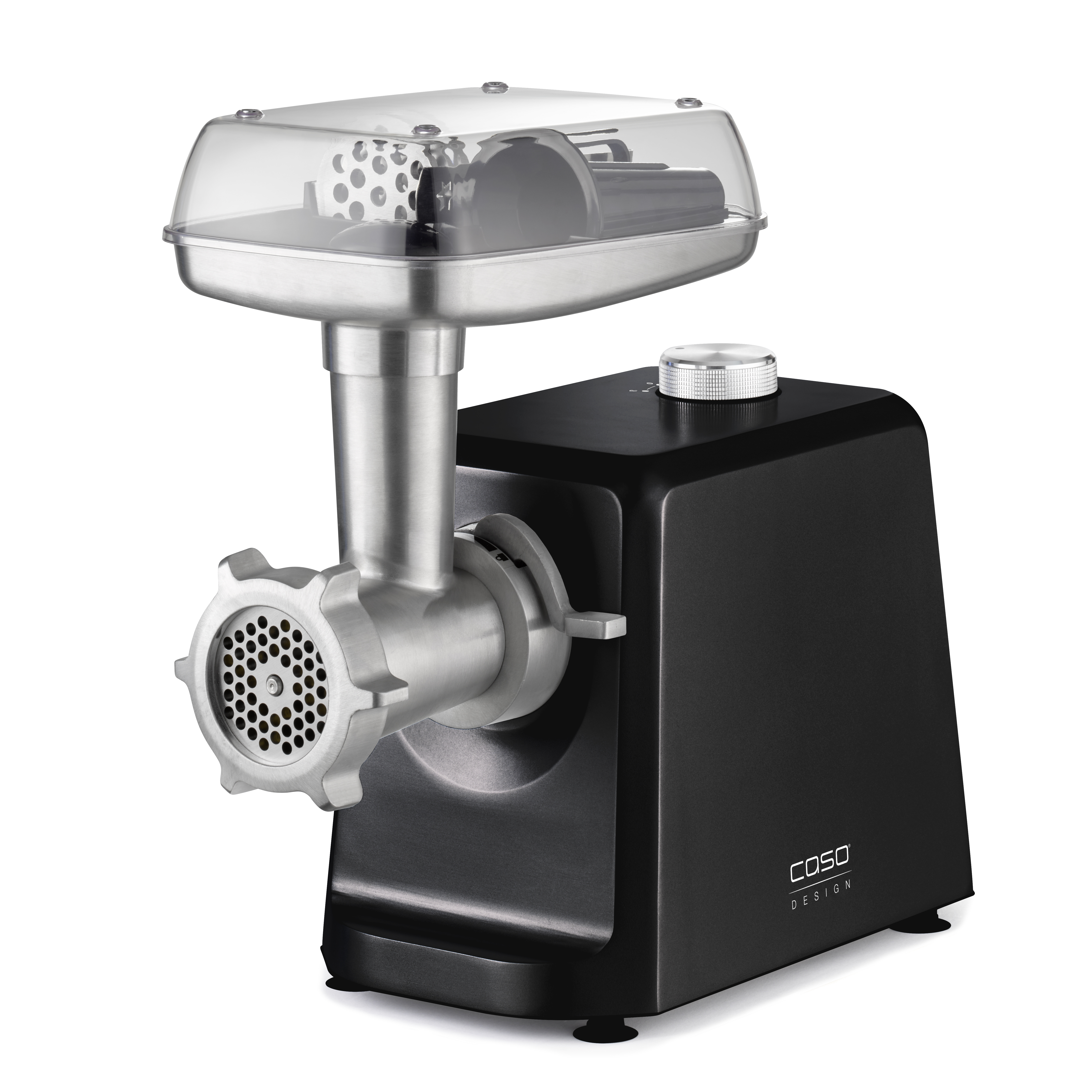 Caso - Meat Mincer - FW 2500 - Black - 2500 W - Number of speeds 2 - Throughput (kg/min) 2.5 - 3 stainless steel cutting plates (3 mm, 5 mm and 8 mm), Sausage filler, Cookie attachment with 4 moulds, Stuffer