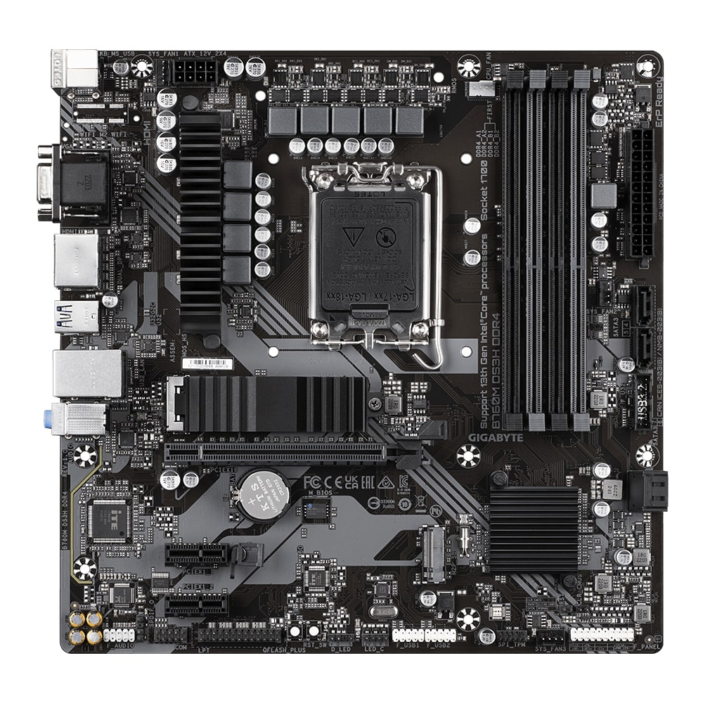Gigabyte - B760M DS3H DDR4 1.0 M/B - Processor family Intel - Processor socket  LGA1700 - DDR4 DIMM - Memory slots 4 - Supported hard disk drive interfaces 	SATA, M.2 - Number of SATA connectors 4 - Chipset Intel B760 Express - Micro ATX