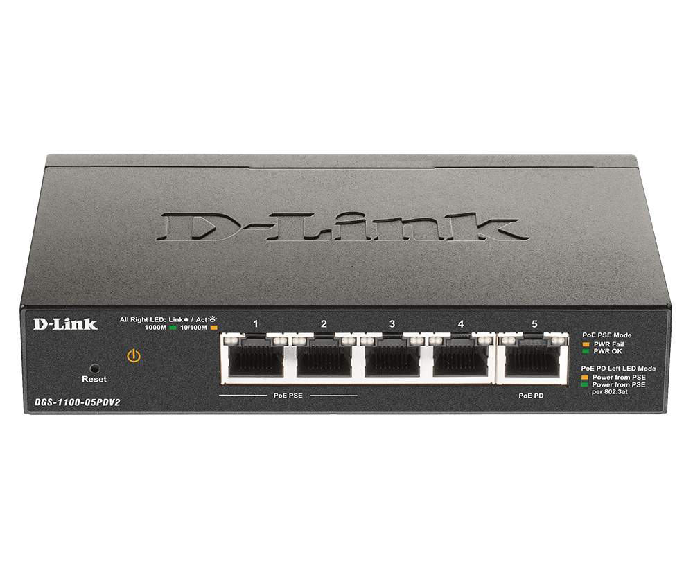 D-Link - 5-Port Gigabit PoE Smart Managed Switch and PoE Extender - DGS-1100-05PDV2 - Web managed - Desktop - Power supply type External