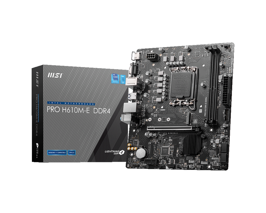 MSI - PRO H610M-E DDR4 - Processor family Intel - Processor socket  LGA1700 - DDR4 DIMM - Memory slots 2 - Supported hard disk drive interfaces 	SATA, M.2 - Number of SATA connectors 4 - Chipset Intel H610 - Mirco-ATX