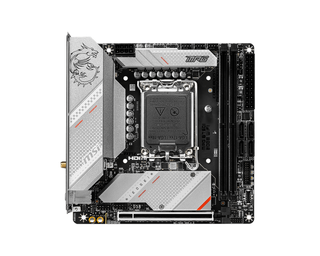 MSI - MPG B760I EDGE WIFI - Processor family Intel - Processor socket  LGA1700 - DDR5 DIMM - Memory slots 2 - Supported hard disk drive interfaces SATA, M.2 - Number of SATA connectors 4 - Chipset Intel B760 - Mini-ITX